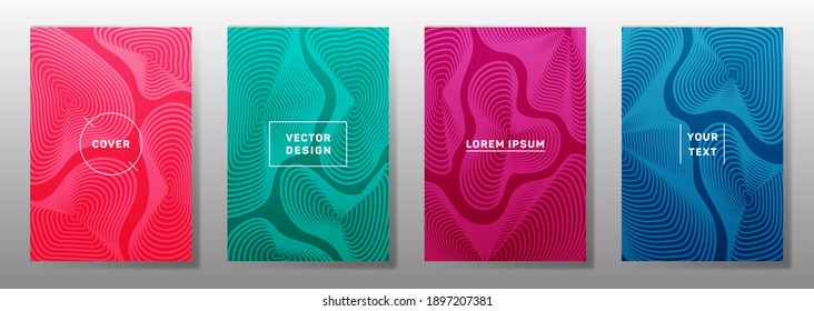 Simple covers linear design. Fluid curve shapes geometric lines patterns. Modern poster, flyer, banner vector backgrounds. Line stripes graphics, title elements. Cover page layouts set.