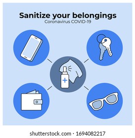 Simple COVID-19 Poster Says To Sanitize Your Personal Belongings Such As Phone, Keys, Wallet And Sun Glasses. 