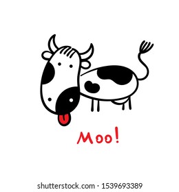 simple cow shows tongue, inscription moo, cartoon illustration