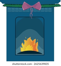 Simple cozy blue fireplace, with green fir tree branch, pink bow and burning fire, vector illustration, christmas atmosphere