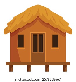 Simple, cozy bungalow featuring a thatched roof and a wooden platform, ideal for tropical getaways