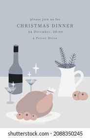 Simple cozy Christmas dinner invitation template, greeting card. Cute Scandinavian Winter holidays lifestyle card with food for celebration. Flat illustration with Christmas aesthetics. Vector eps10