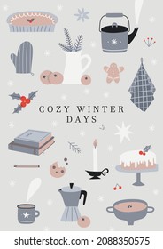 Simple cozy winter greeting card. Cute Scandinavian lifestyle objects for home. Winter holidays celebration. Christmas aesthetics collection with baking and kitchen equipment. 