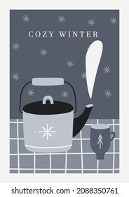 Simple cozy winter greeting card or poster concept. Cute Scandinavian lifestyle home scene. Winter holidays celebration. Christmas aesthetics design with baking and kitchen equipment. Vector eps10