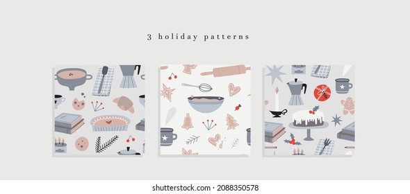 Simple cozy winter holidays seamless pattern collection. Cute Scandinavian lifestyle food elements. Celebration wrapping paper. Christmas and Thanksgiving dinner aesthetics  with baking, kitchenware