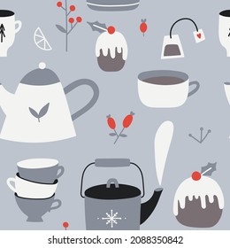 Sencilla y acogedora fiesta de té de invierno sin fisuras. Objetos de estilo de vida escandinavo para el hogar. Celebración de las vacaciones de invierno. Estética navideña con hornear, tazas, tetera, hervidor. 