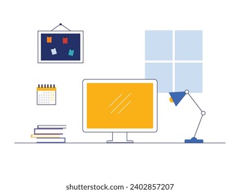 Simple and cozy workspace interior with electronic computer, lamp and whiteboard, sticky notes. Character design. Vector flat illustration