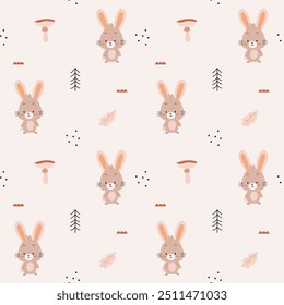 A simple, cozy,autumn pattern in a minimalist forest hares, mushrooms, toadstools, graphic elements pattern in a Scandinavian style.