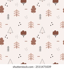 A simple, cozy,autumn pattern in a minimalist forest herringbone,trees  acorns, leaves and graphic elements pattern in a Scandinavian style.