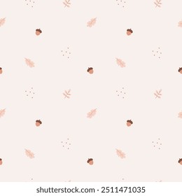 A simple, cozy,autumn pattern in a minimalist forest,acorns, leaves and graphic elements pattern in a Scandinavian style.