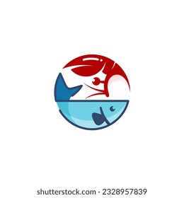Plantilla de logotipo simple de cangrejo y pescado, vector de icono de mariscos