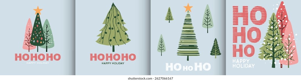 Simple craft draw Christmas Tree, Ho Ho Ho Happy New Year greeting card Set, design typography invite posters, template, Layout, greeting flat design, banner