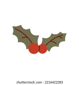 Ilustración vectorial de arándano simple para tarjetas de Navidad o clipart. Arándanos rojos planos con hojas verdes aisladas en fondo blanco.