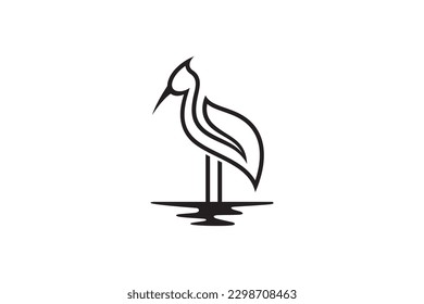 simple crane and leaf line logo design template