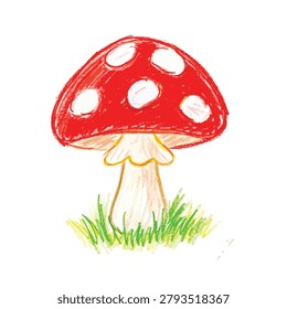 A simple crayon style drawing of a red toadstool with white spots and a white stem sitting in green grass on a plain white background.