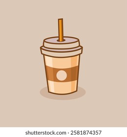 simple cream colored coffee drink cup illustration icon image with straw