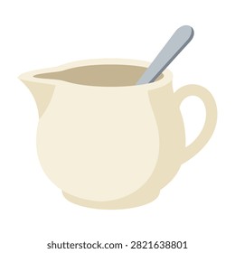 Simple cream-colored ceramic creamer pitcher with handle and spout, containing a gray spoon, perfect for coffee or tea