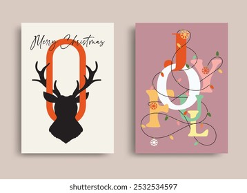 Einfache und kreative Weihnachts- und Neujahrskarten mit Rentier- und Typografiedesign
