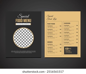 Simple creative double sided restaurant food menu modern design layout with food image space, special offer food menu vector editable template print design