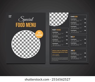 Simple creative double sided restaurant food menu modern design layout with food image space, special offer food menu vector editable template print design