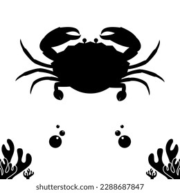 Simple creative icon design of crab in the deep blue ocean with bubbles and coral, in black and white. body is protected by a very hard shell, composed of chitin, and armed with a pair of pincers