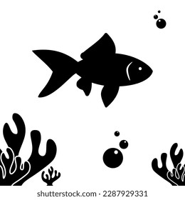 Einfaches kreatives Icon-Design von Fischen im tiefen blauen Ozean mit Blasen und Korallen, in Schwarz-Weiß. Atmen Sie mit Kiemen, der weltweit vielfältigsten Wirbelgruppe, wichtigen Nahrungsquelle