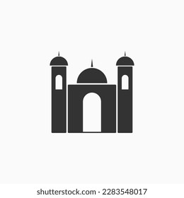 Simple creative icon design of islamic minaret arab dome mosque in black and white. a place where islam muslim worship, ask for prayer to god allah every day. prostration, glorification, dhikr 5 times
