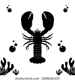 Simple creative icon design of lobster, crayfish, crawfish, shrimp in the deep blue ocean with bubbles and coral, in black and white. have pincers and don't (spiny). high protein fantastic price