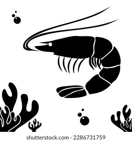 Simple creative icon design of shrimp in the deep blue ocean with bubbles and coral, in black and white. has scales, delicious, suitable processed into various food recipes. some people are allergic 