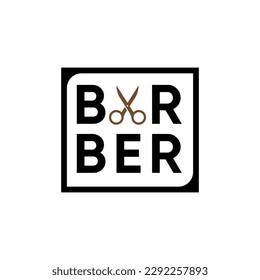 simple creative lettering typhography text barber with scissors for barbershop gentleman salon logo design