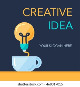 Simple Creative Success Idea Banner. Innovation symbol. Light bulb and cup. Design element for business startup, technology, science. Concept of invention, study, imagination and creativity. Vector