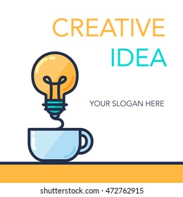 Simple Creative Success Idea Banner. Innovation symbol. Light bulb and cup. Design element for business startup, technology, science. Concept of invention, study, imagination and creativity. Vector