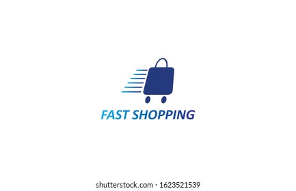 simple creative unique fast shopping logo concept design template vector icon, with the illustration of a bag or trolley that is speeding 