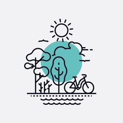 Simple Creative Vector Concept On Park, Nature And Outdoor Activity With Primitive Geometric Flat Line Trees, Bicycle, Sun, Birds And Water. Fresh Air Summer Recreation, Weekend In The Park