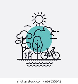 Simple creative vector concept on park, nature and outdoor activity with primitive geometric flat line trees, bicycle, sun, birds and water. Fresh air summer recreation, weekend in the park