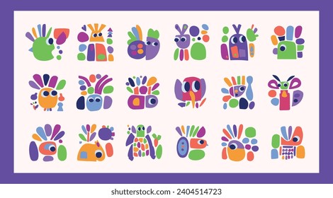 Simple creature and leaf illustration collection in bold style for kids fun graphic design. Whimsical colorful vector drawing in happy folklore style set of motifs. 