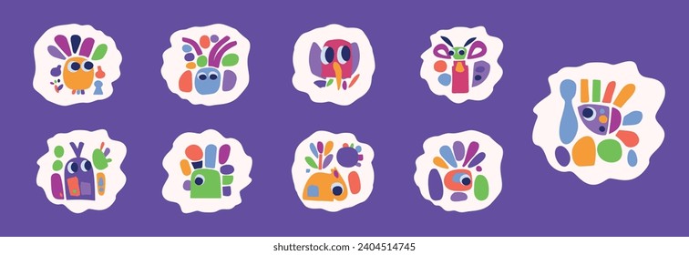 Simple creature and leaf illustration collection in bold style for kids fun graphic design. Whimsical colorful vector drawing in happy folklore style set of motifs. 