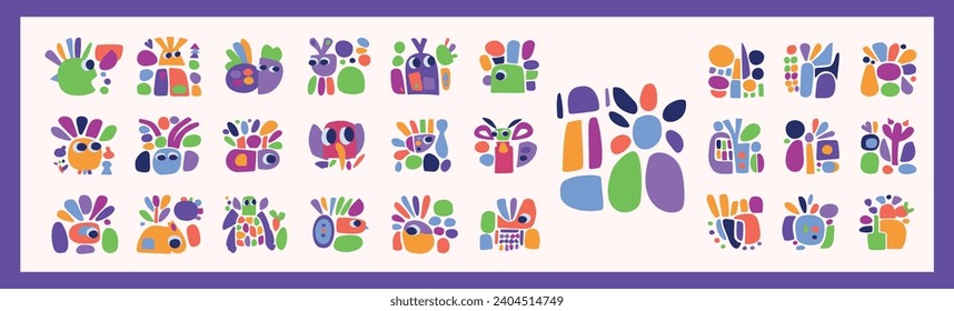 Simple creature and leaf illustration collection in bold style for kids fun graphic design. Whimsical colorful vector drawing in happy folklore style set of motifs. 