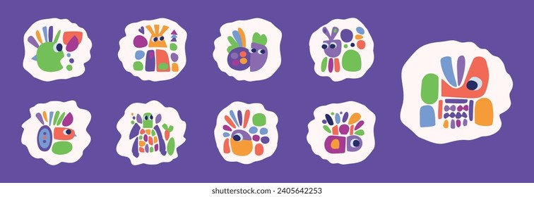 Simple creature and leaf illustration collection in bold style for kids fun graphic design. Whimsical colorful vector drawing in happy folklore style set of motifs. 