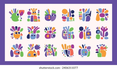 Simple creature and leaf illustration collection in bold style for kids fun graphic design. Whimsical colorful vector drawing in happy folklore style set of motifs. 