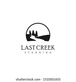 Simple Creek Logo River Tree Vector, Hill Icon in Black Color Vintage Nature Graphic Design Element