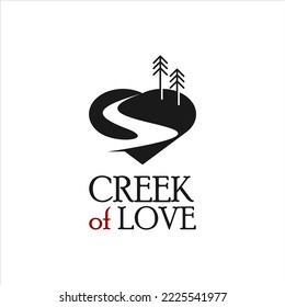 Plantilla de logotipo de creek simple con árbol de río y pino 