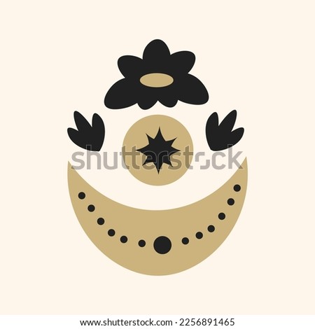 Simple crescent with flower. Black and gold celestial elements combination. Mystical minimal poster, greeting card, print