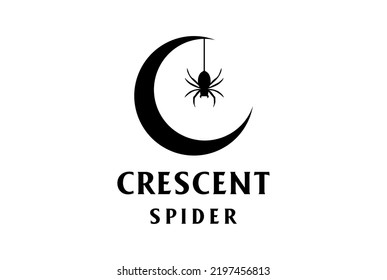 Simple Crescent Moon with Hanging Black Spider Widow Tarantula Silhouette Logo Design