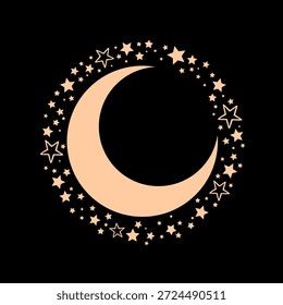 Un símbolo de luna creciente simple rodeado por un marco circular de estrellas. Elementos de oro sobre un fondo negro