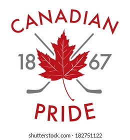 A simple crest featuring a maple leaf and crossed hockey sticks.