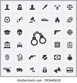 Simple crime icons set. Universal crime icons to use for web and mobile UI, set of basic crime elements