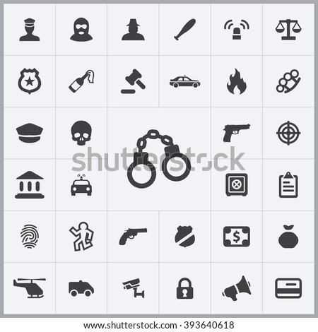 Simple crime icons set. Universal crime icons to use for web and mobile UI, set of basic crime elements