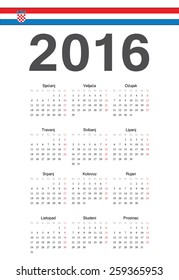 Simple Croatian 2016 year vector calendar. Week starts from Mondays.