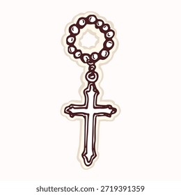 Simples cruz e cordão pingente símbolo cristão. Ícone de vetor desenhado à mão para motivo bíblico. Vetor plano isolado para o marcador bíblico, bonito estilo adesivo estético